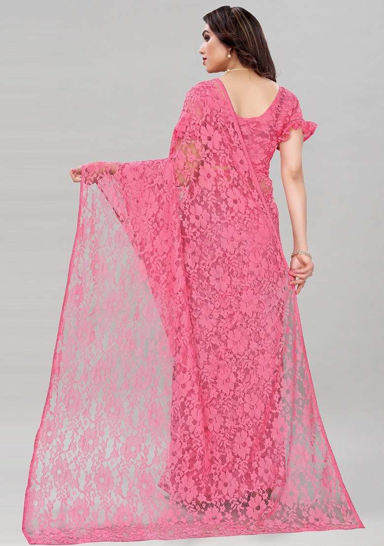 Pink Solid Lycra Blend Saree Set - Indya