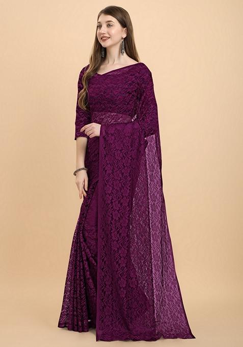 Purple Solid Lycra Blend Saree Set