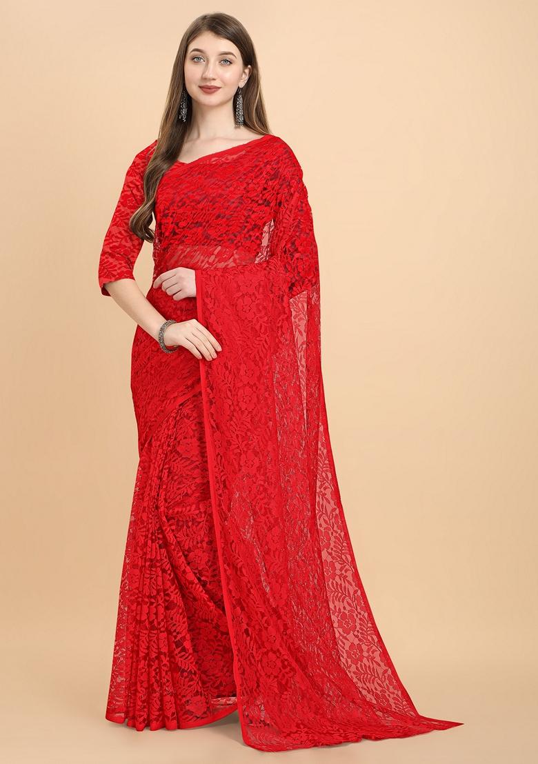 Red Solid Lycra Blend Saree Set