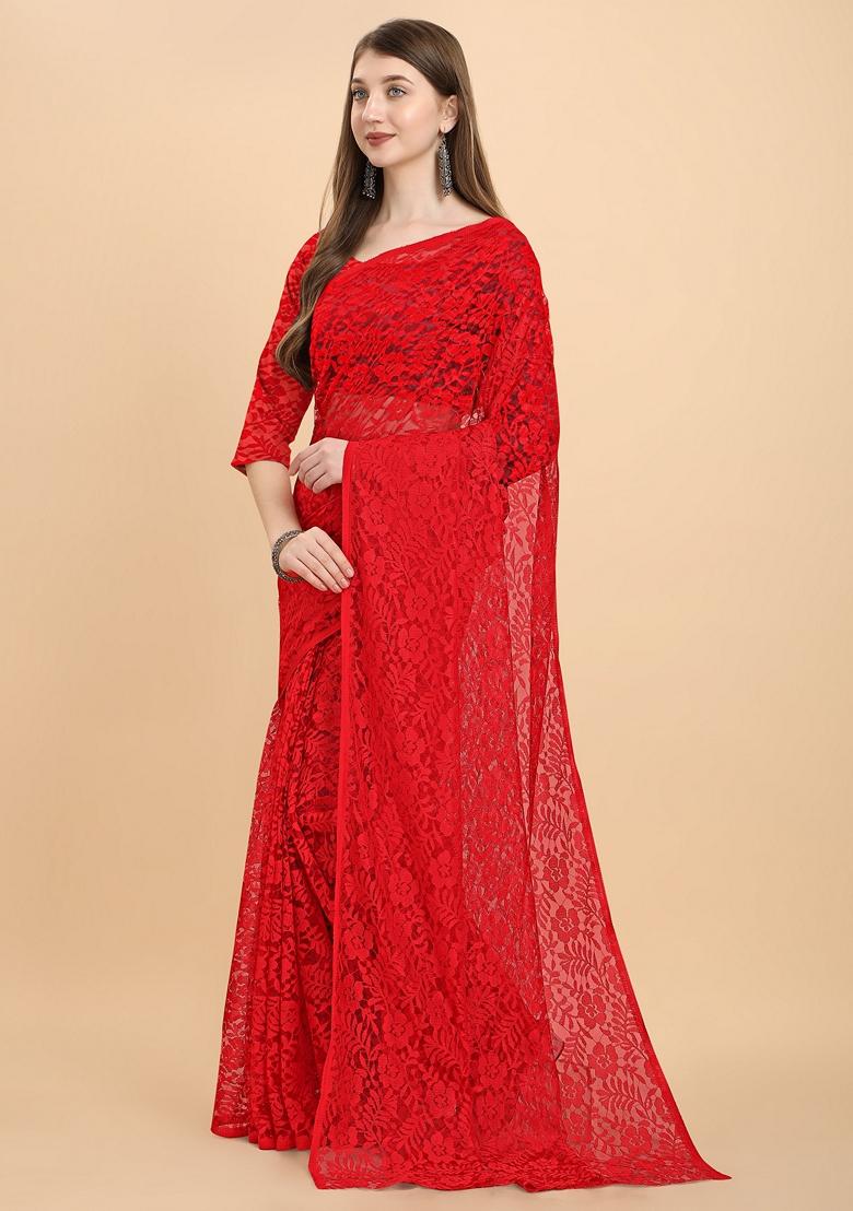 Red Solid Lycra Blend Saree Set