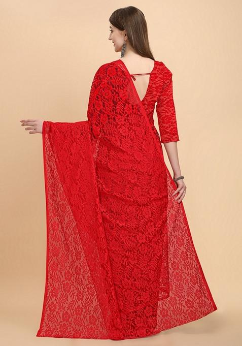 Red Solid Lycra Blend Saree Set