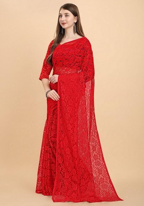 Red Solid Lycra Blend Saree Set