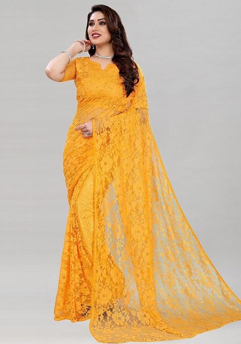 Yellow Solid Lycra Blend Saree Set