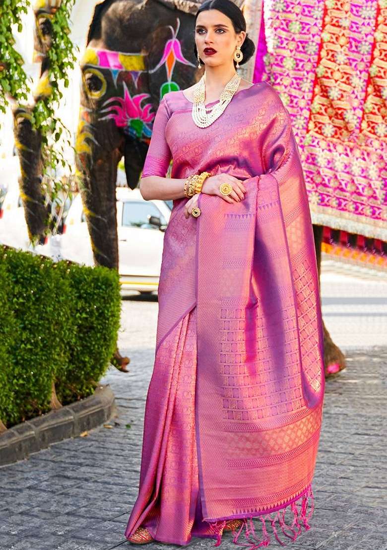 Purple Jacquard Art Silk Saree Set for Diwali | Wedding & Festive Wear - Indya