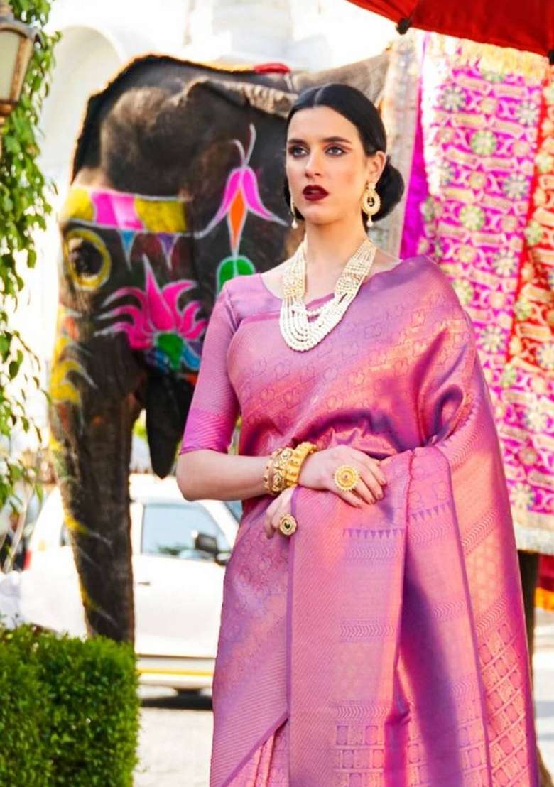 Purple Jacquard Art Silk Saree Set for Diwali | Wedding & Festive Wear - Indya