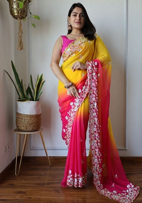 Multicolor Solid Georgette Saree Set