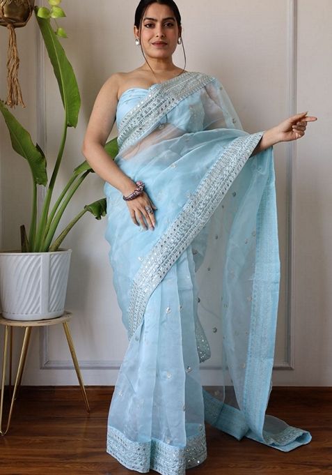 Sky Blue Solid Organza Saree Set