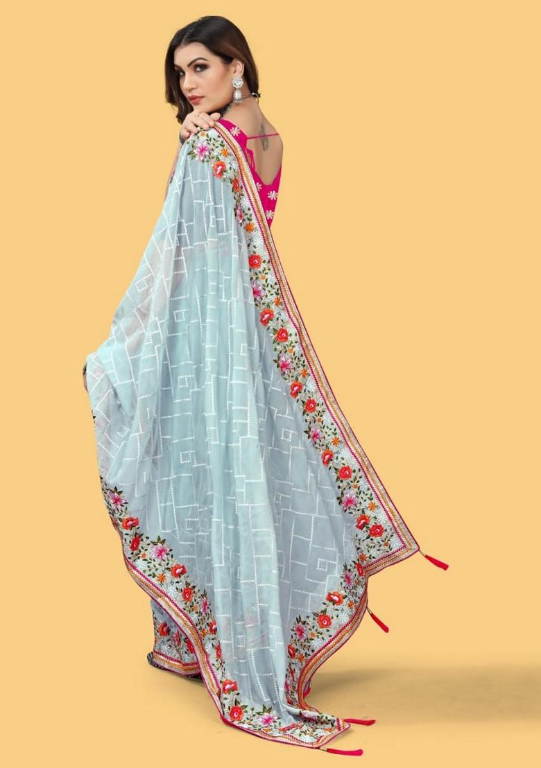 Sky Blue Solid Organza Saree Set