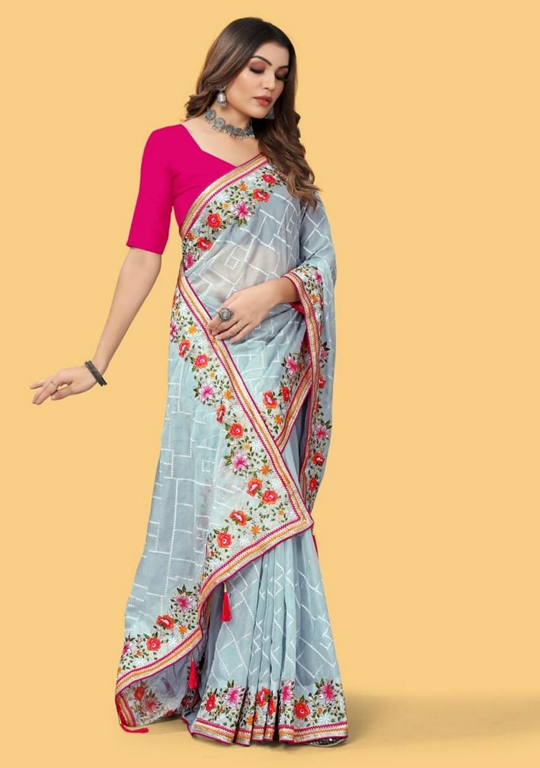 Sky Blue Solid Organza Saree Set