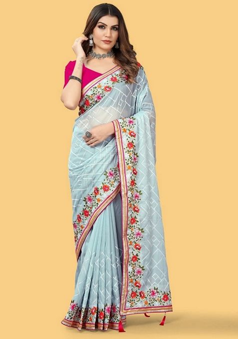 Sky Blue Solid Organza Saree Set