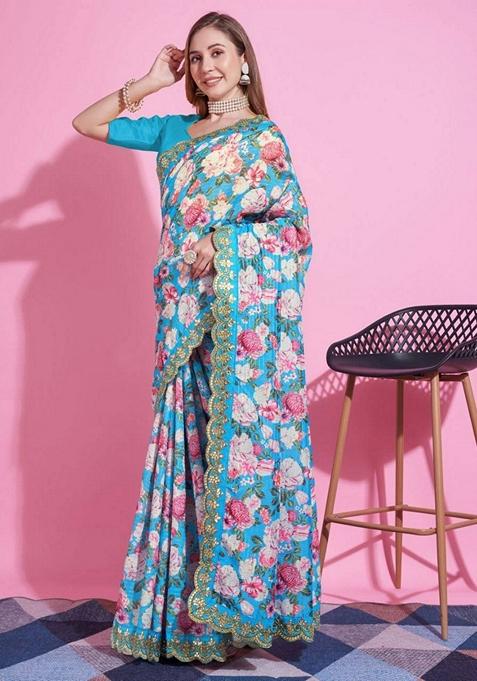 Sky Blue Solid Vichitra Silk Saree Set