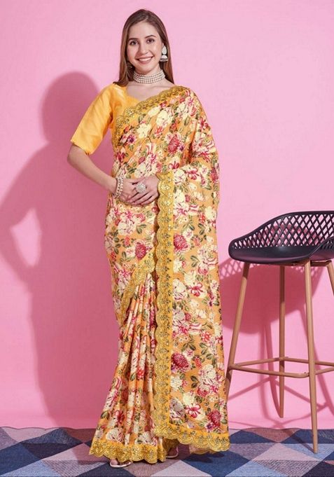 Yellow Solid Vichitra Silk Saree Set