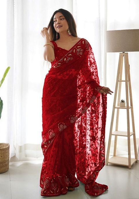 Red Solid Butterfly Net Saree Set