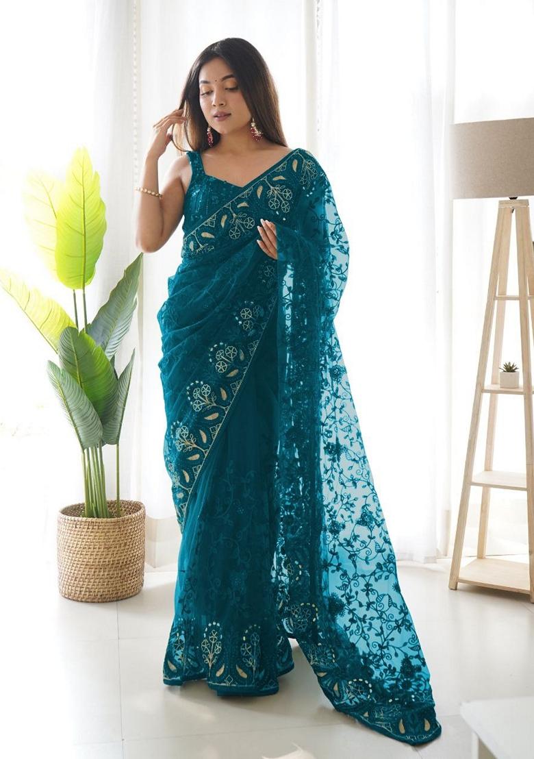 Teal Solid Butterfly Net Saree Set