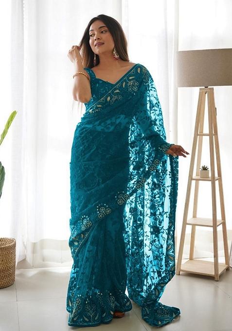 Teal Solid Butterfly Net Saree Set