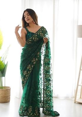 Green Solid Butterfly Net Saree Set