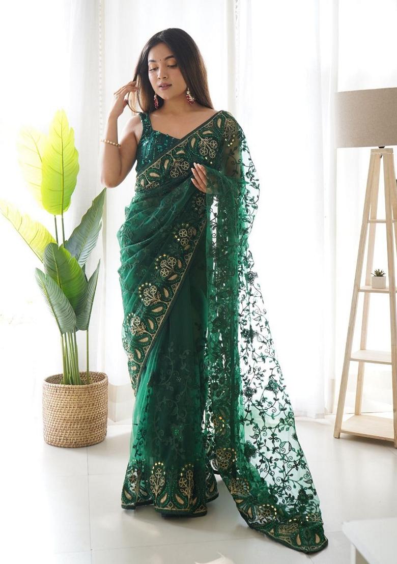 Green Solid Butterfly Net Saree Set