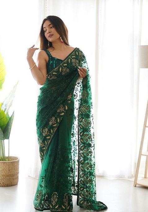 Green Solid Butterfly Net Saree Set