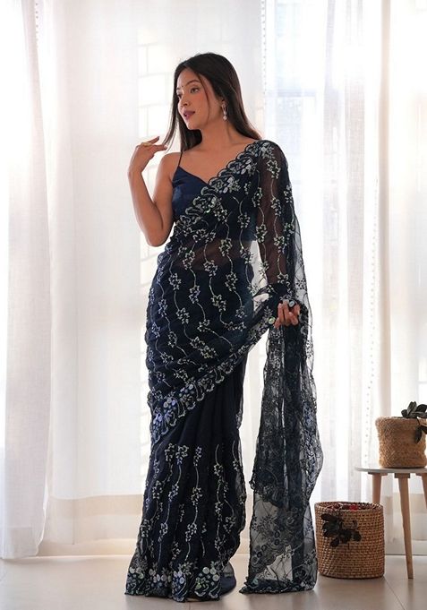 Navy Blue Solid Simar Blooming Saree Set