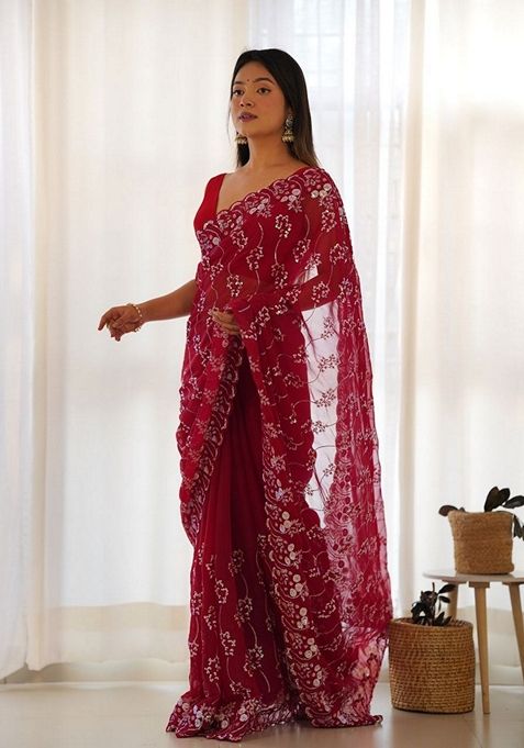 Red Solid Simar Blooming Saree Set