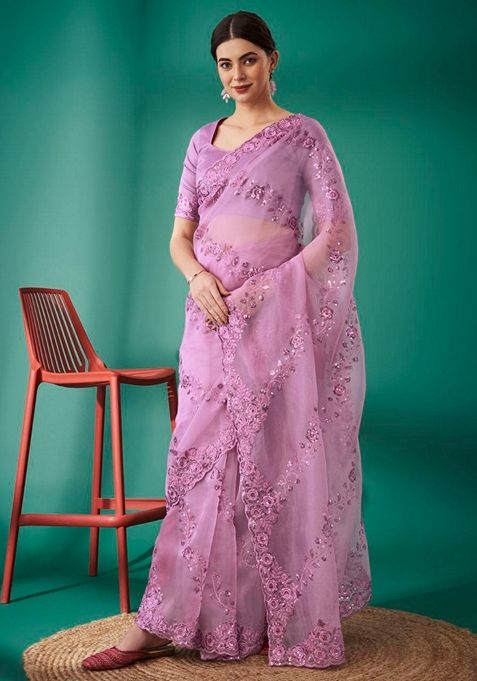 Pink Solid Organza Saree Set