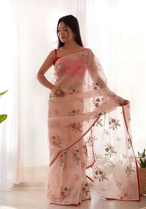 Peach Solid Organza Saree Set