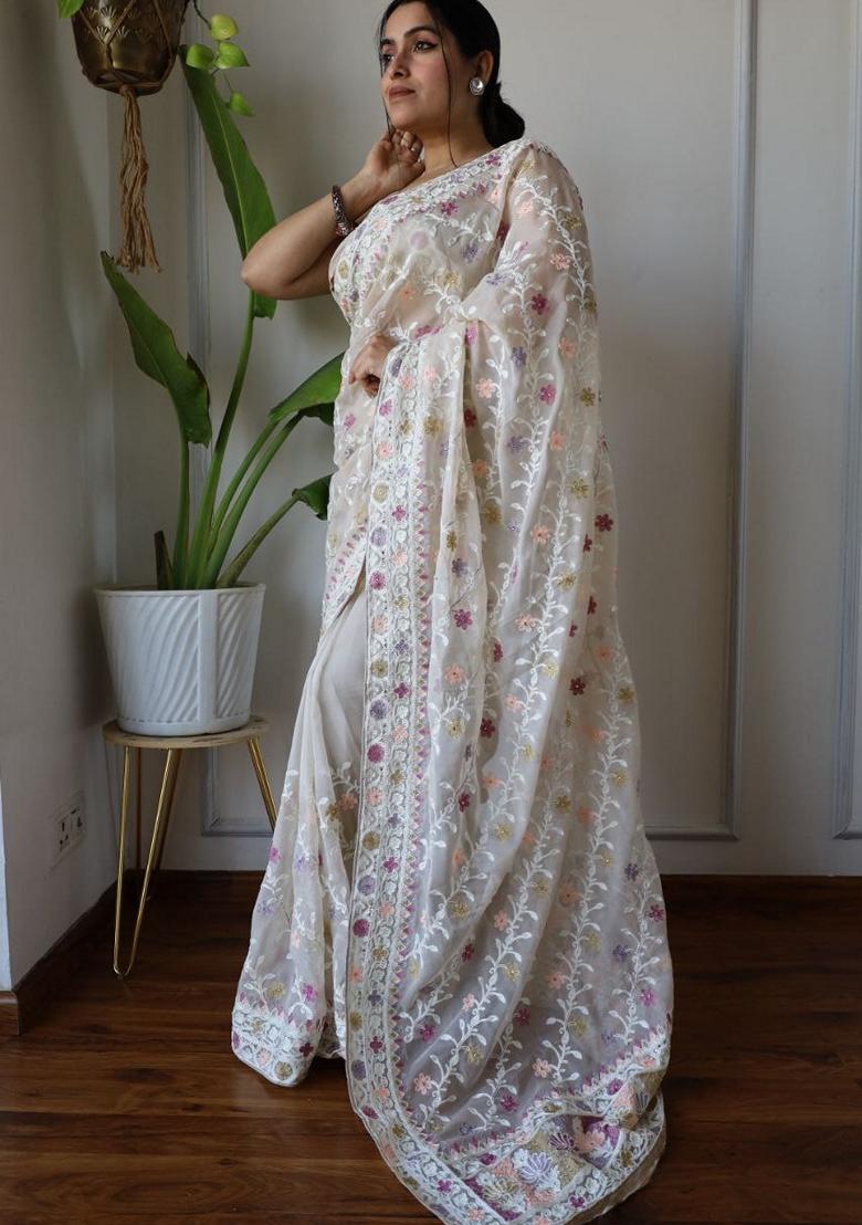 Off White Solid Butterfly Net Saree Set