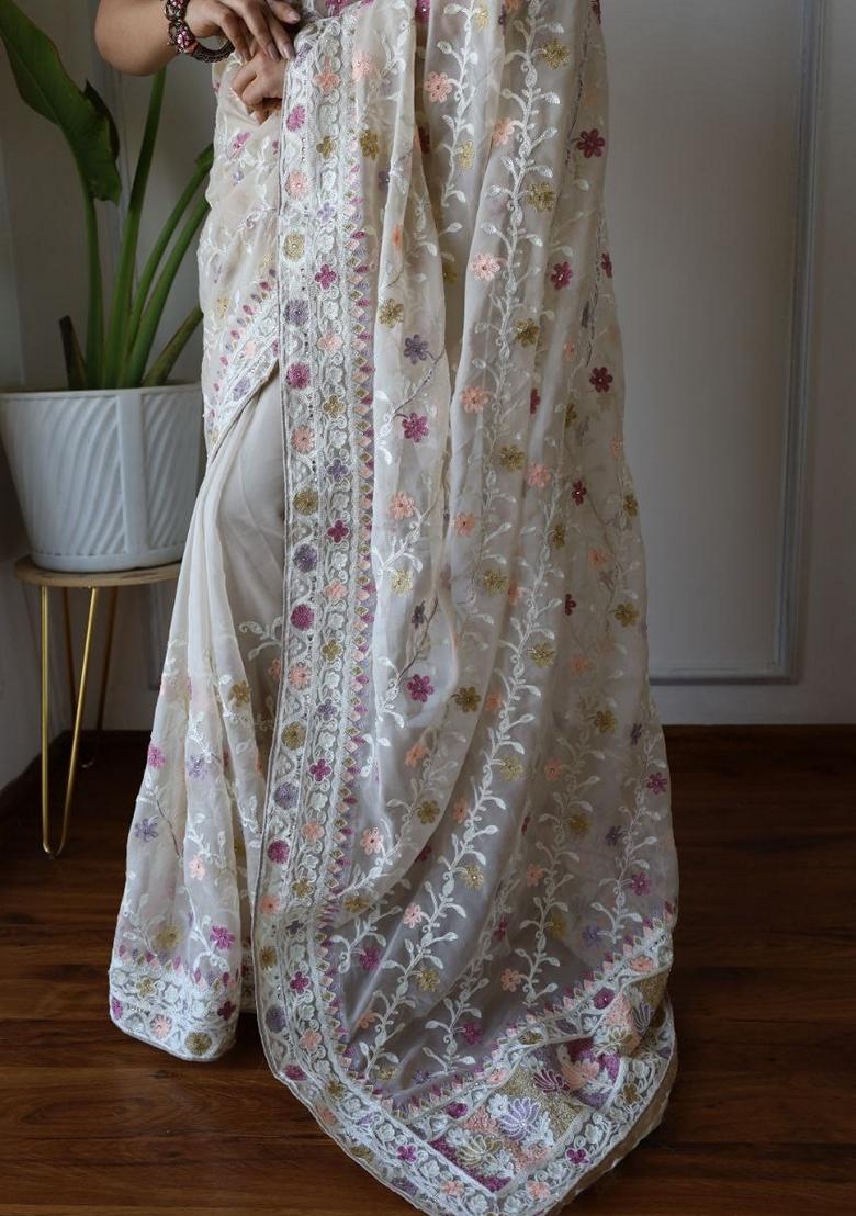 Off White Solid Butterfly Net Saree Set