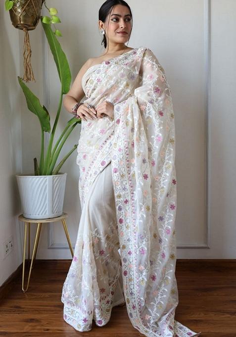 Off White Solid Butterfly Net Saree Set