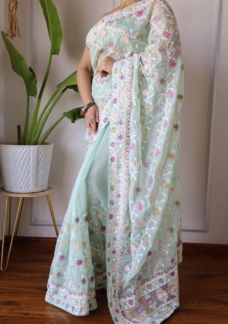 Sky Blue Solid Butterfly Net Saree Set