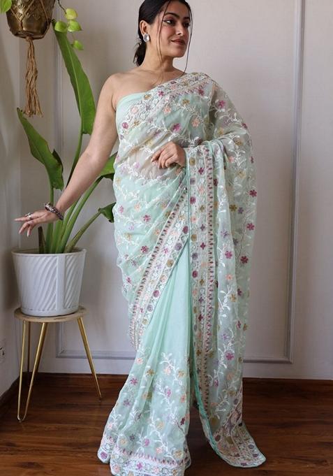 Sky Blue Solid Butterfly Net Saree Set