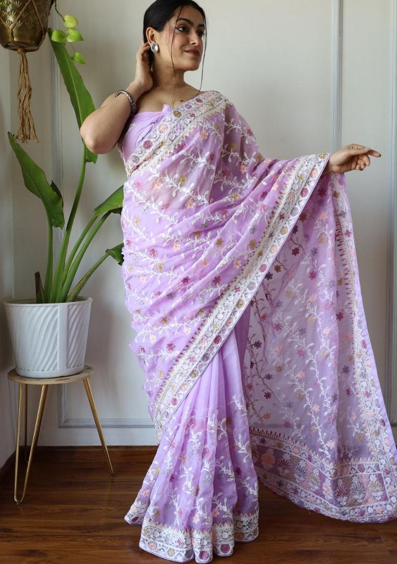 Lavender Solid Butterfly Net Saree Set
