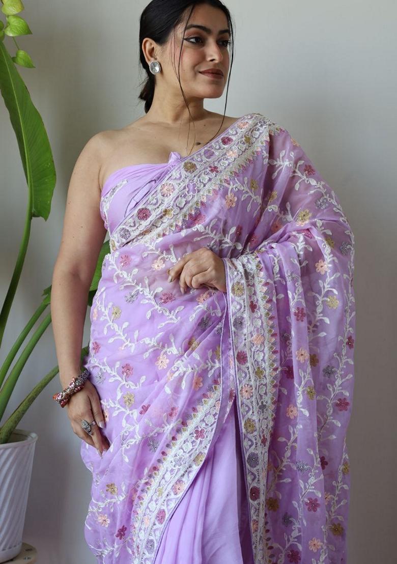 Lavender Solid Butterfly Net Saree Set