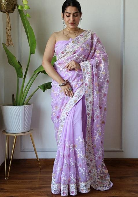 Lavender Solid Butterfly Net Saree Set