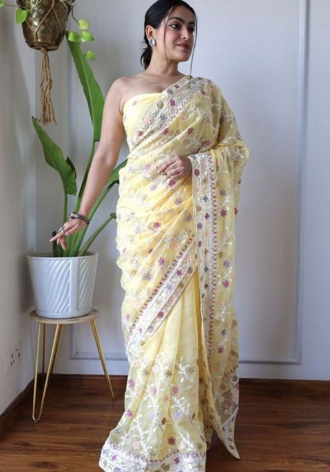 Lime Yellow Solid Butterfly Net Saree Set