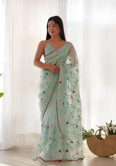 Sky Blue Solid Khadi Organza Saree Set