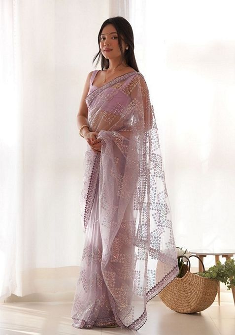 Light Lavender Solid Butterfly Net Saree Set