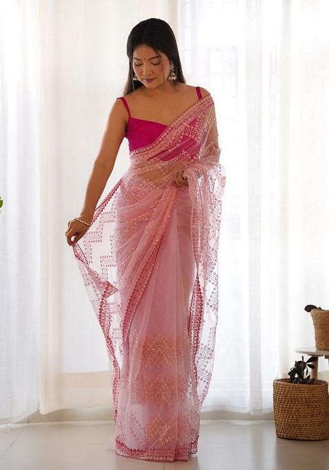 Pink Solid Butterfly Net Saree Set