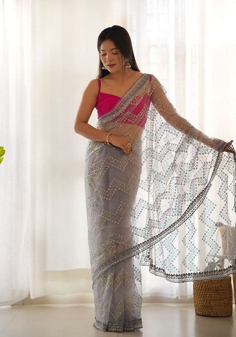 Grey Solid Butterfly Net Saree Set