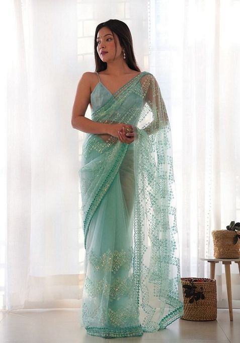 Light Sky Blue Solid Butterfly Net Saree Set