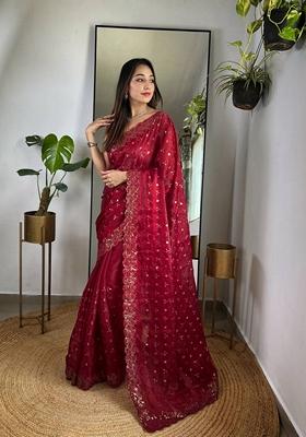 Maroon Solid Jimmy Choo Saree Set