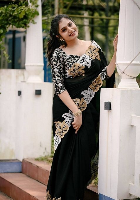 Black Solid Satin Chinon Saree Set