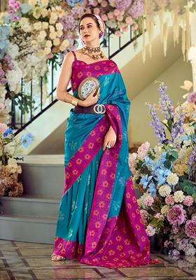 Aqua Blue Printed Banarasi Silk Saree Set