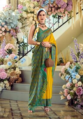 Yellow Printed Banarasi Silk Saree Set