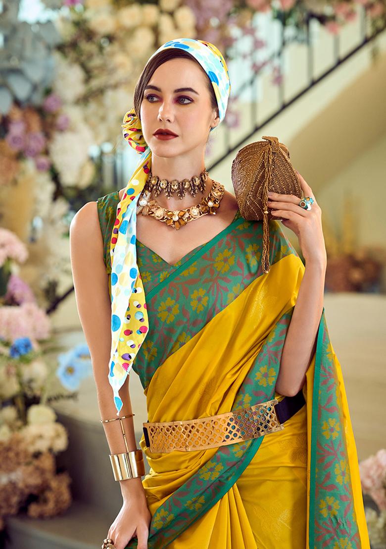Yellow Printed Banarasi Silk Saree Set