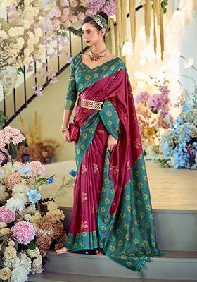 Burgundy Printed Banarasi Silk Saree Set