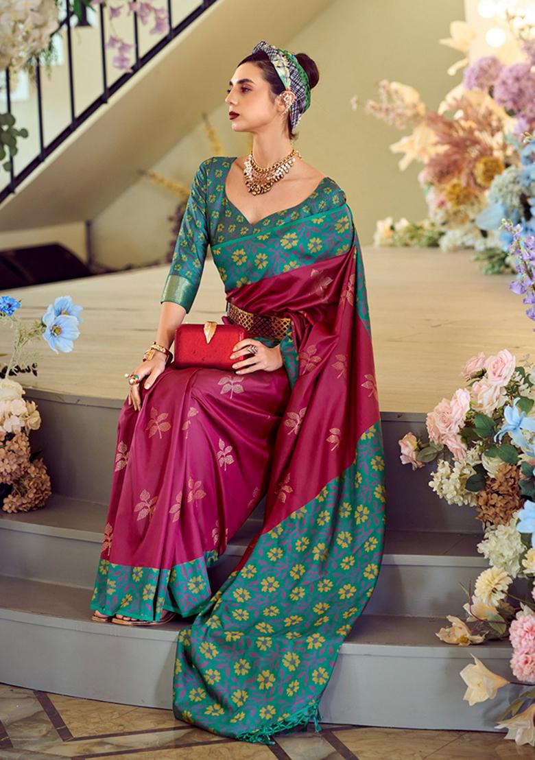 Burgundy Printed Banarasi Silk Saree Set