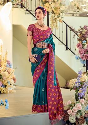 Teal Printed Banarasi Silk Saree Set