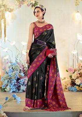 Black Printed Banarasi Silk Saree Set