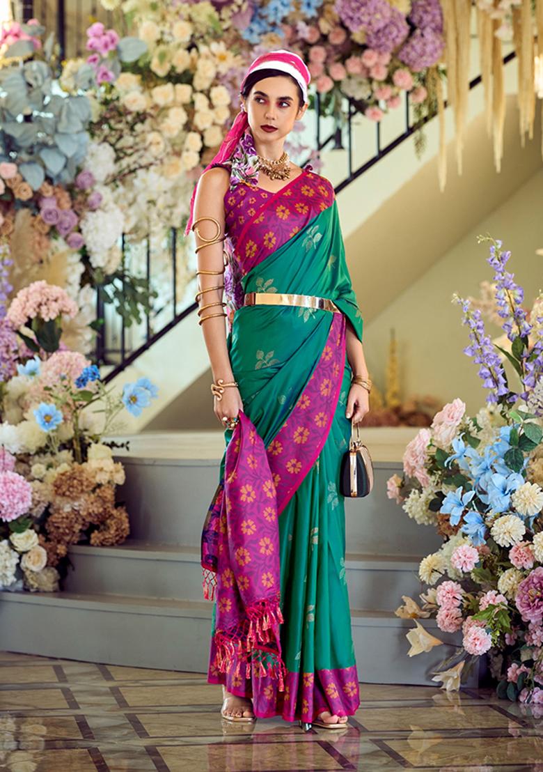 Green Printed Banarasi Silk Saree Set